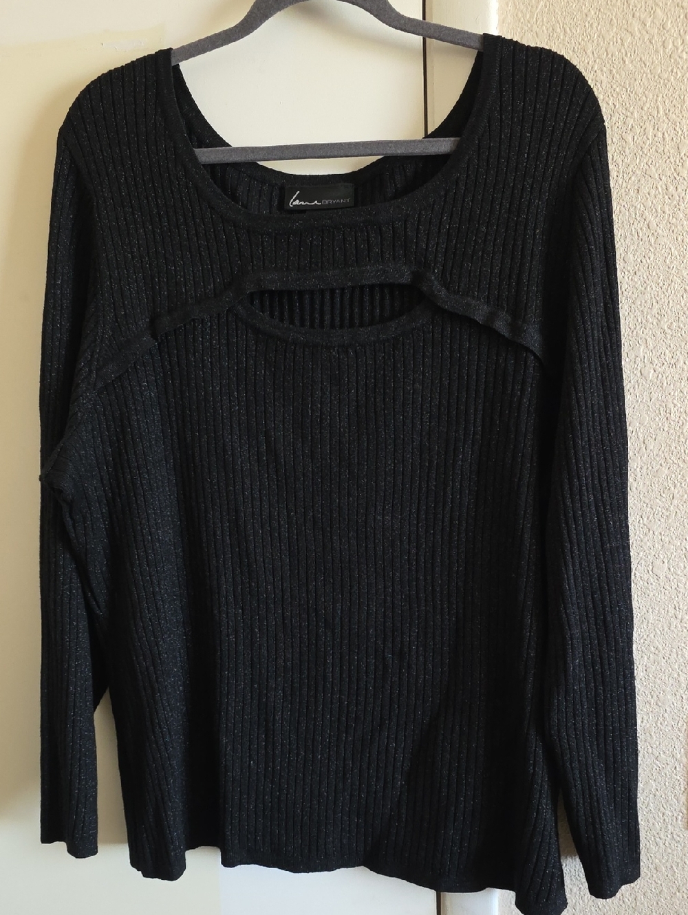 Lane Bryant Black Ribbed Crewneck Sweater with Front Cutout